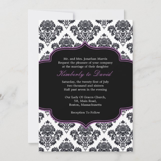 Schwarze und Lila Damask Hochzeitseinladung Einladung (Vorderseite)