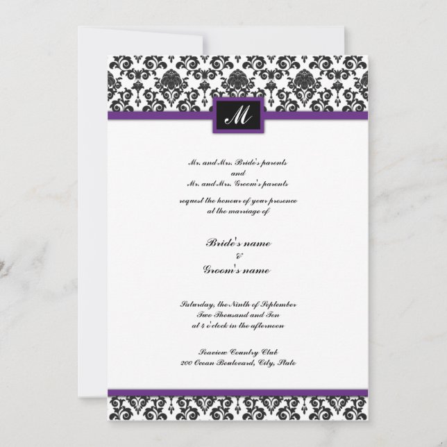 Schwarze und lila Damast-Monogramm-Hochzeit laden Einladung (Vorderseite)