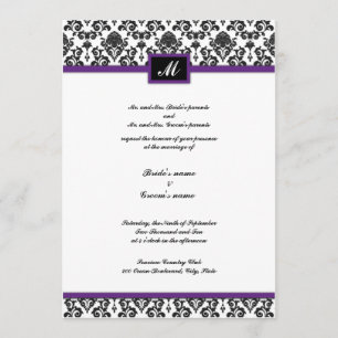 Schwarze und lila Damast-Monogramm-Hochzeit laden Einladung