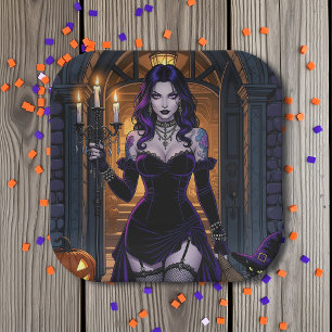 Schwarze und Lila Hexe mit Candelabra Halloween Pappteller