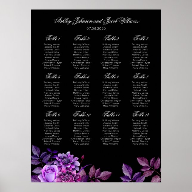 Schwarze und lila Hochzeitssitzkarte Poster (Vorne)
