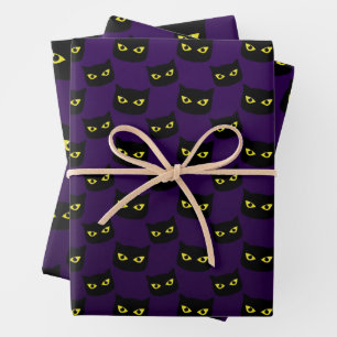 Schwarze und lila Katzengelbe Augen Halloween-Must Geschenkpapier Set