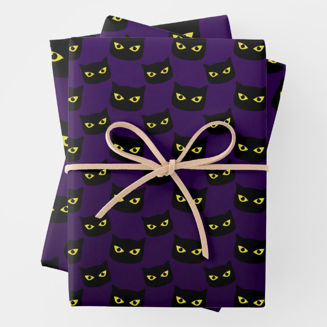 Schwarze und lila Katzengelbe Augen Halloween-Must Geschenkpapier Set (Beispiel)