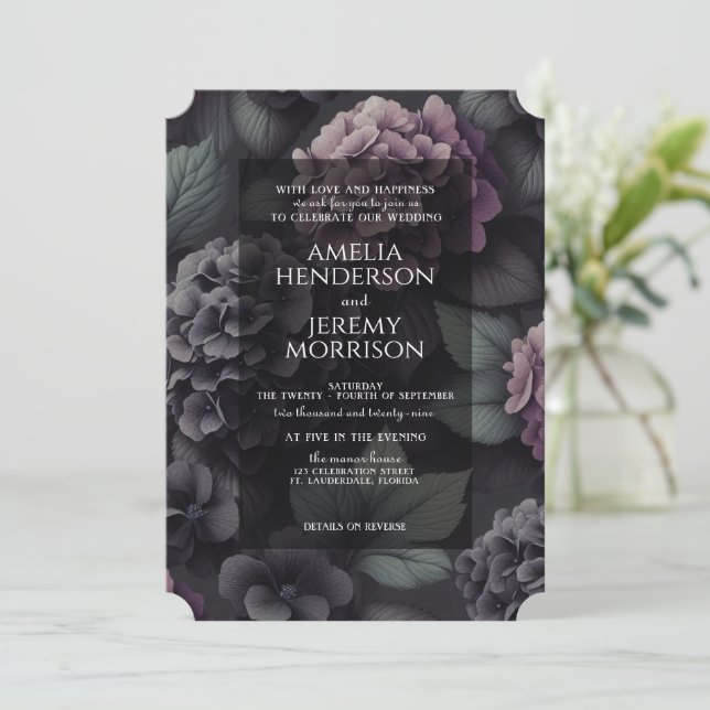 Schwarze und Lila Moody-Floral mit Details Einladung (Stehend Vorderseite)