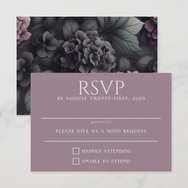 Schwarze und Lila Moody-Floral RSVP Karte (Vorne/Hinten)