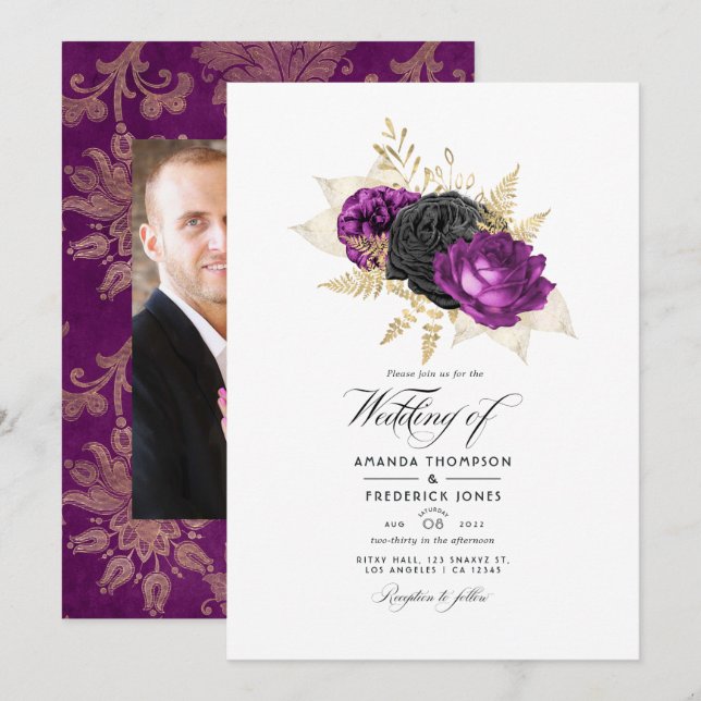 Schwarze und Lila Vintage Blumenhochzeit Einladung (Vorne/Hinten)