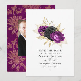 Schwarze und Lila Vintage Blumenhochzeit Save The Date
