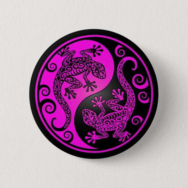 Schwarze und magentarote Yin Yang Geckos Button (Vorderseite)