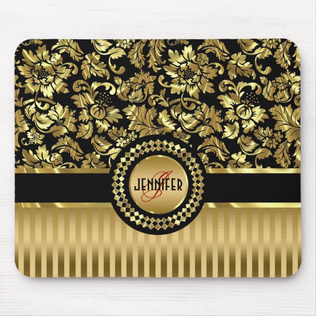 Schwarze und metallische goldene Blumendanzüge Mousepad (Vorne)