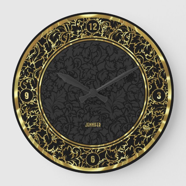 Schwarze und metallische goldene Floral-Damasken Große Wanduhr (Vorderseite)