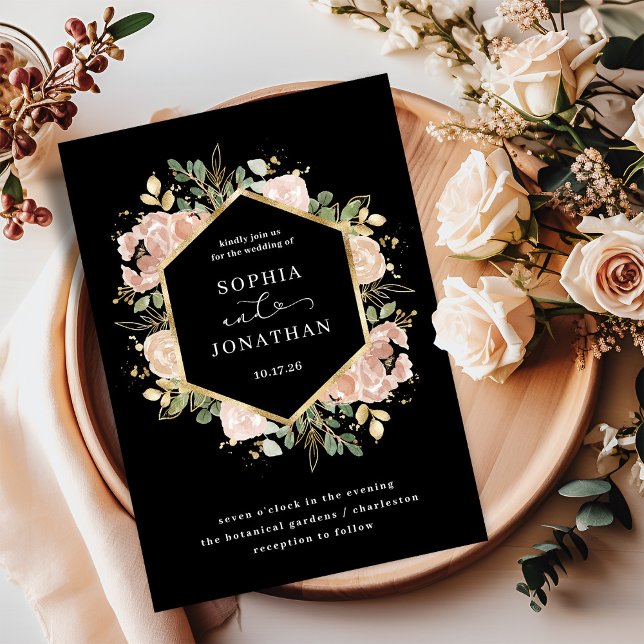 Schwarze und neutrale Wasserfarben | Hochzeit Einladung (An elegant, dark black floral wedding invitation with faux gold)