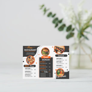 Schwarze und orange elegante Restaurant-Speisekart Mitteilungskarte