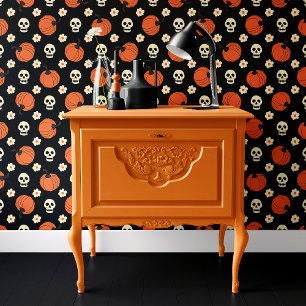 Schwarze und orange Schädel-Kürbis-Blumen Hallowee Tapete