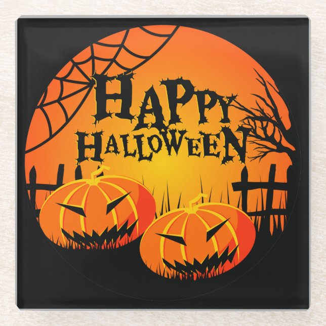 SCHWARZE UND ORANGE SPOOKY FAPPY HALLOWEEN PUMPKIN GLASUNTERSETZER (Vorderseite)