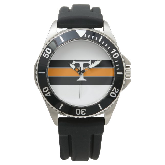 Schwarze und orangefarbene Uhr (Vorderseite)