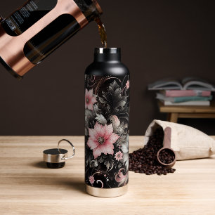 Schwarze und rosa Glitterblumen Trinkflasche