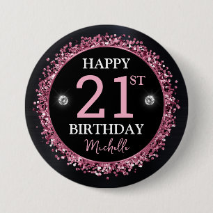 Schwarze und rosa glitzernde Konfetti-Geburtstagsd Button