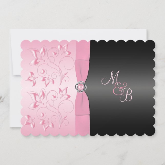 Schwarze und rosa Perle Loveknot Blumeneinladung Einladung (Vorderseite)