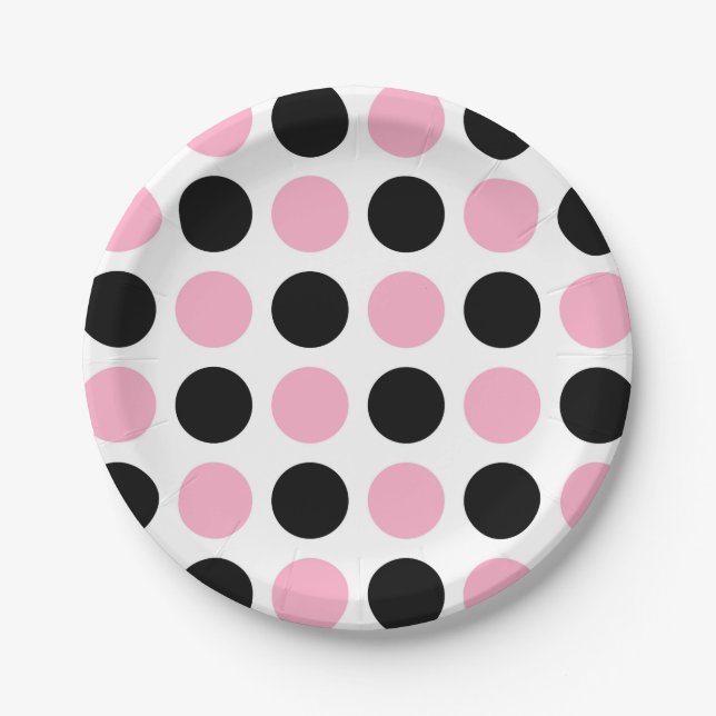 Schwarze und rosa Polka-Punkte Pappteller (Vorderseite)