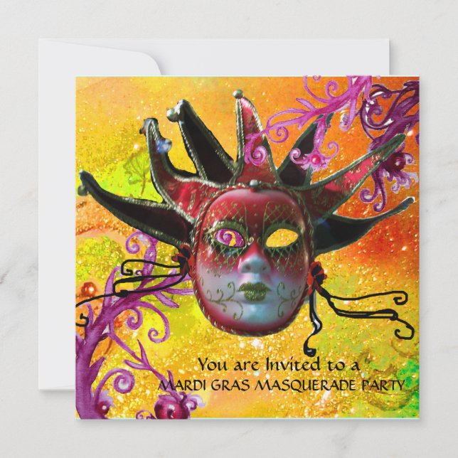 SCHWARZE UND ROTE JESTERMASK , Party Einladung (Vorderseite)