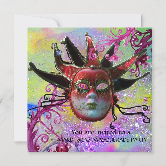 SCHWARZE UND ROTE JESTERMASK , Party Einladung (Vorderseite)