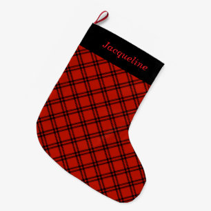 Schwarze und rote karierte personalisierte großer weihnachtsstrumpf