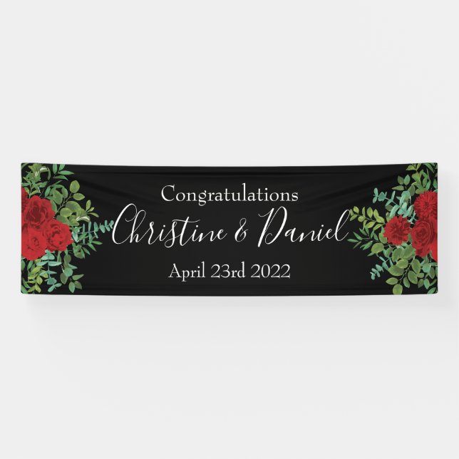 Schwarze und Rote Peony & Rose Blumenhochzeit Banner (Horizontal)