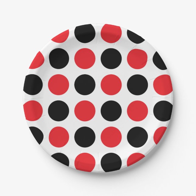 Schwarze und rote Polka-Punkte Pappteller (Vorderseite)