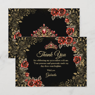 Schwarze und rote Quinceañera Golden Tiara Rosen   Dankeskarte