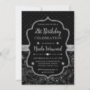 Schwarze und silberne Art Deco Glitter 21. Geburts Einladung