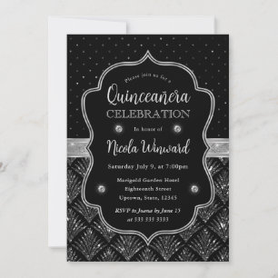 Schwarze und silberne Art Deco Glitter Quinceanera Einladung