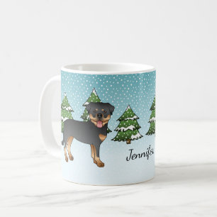 Schwarze und Tan Rottweiler Hunde in einem Winterw Kaffeetasse