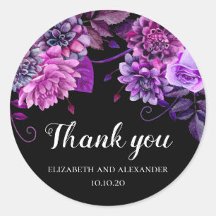 Schwarze und violette Blumen Dankeschön. Hochzeits Runder Aufkleber