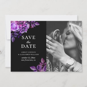 Schwarze und violette Blumen. Flieder-Foto mit Blu Save The Date
