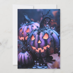 Schwarze und violette Glitter-Halloween-Grußkarte Einladung