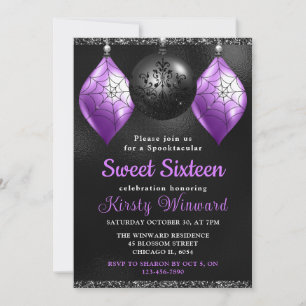 Schwarze und violette Halloween-Ornamente Sweet 16 Einladung