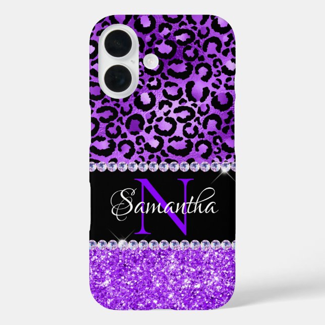 Schwarze und violette Leoparden-Flecken Glam Monog iPhone 16 Hülle (Rückseite)