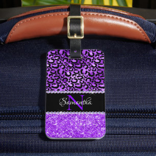 Schwarze und violette Leopardenflecken Glam Monogr Gepäckanhänger