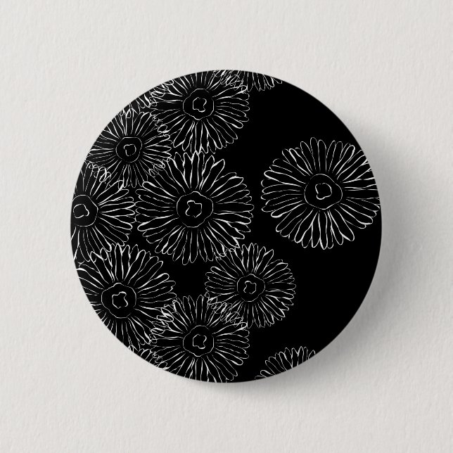 Schwarze und weiße abstrakte Frühlingsblumen Button (Vorderseite)
