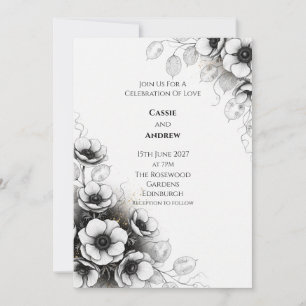 Schwarze und weiße Anemonen-Mohn-Hochzeitseinladun Einladung