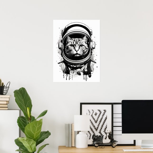 Schwarze und weiße Astronautenkatze Poster (Heimbüro)