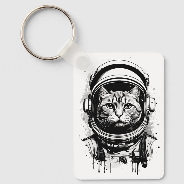 Schwarze und weiße Astronautenkatze Schlüsselanhänger (Vorderseite)