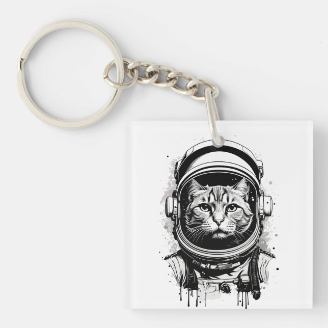 Schwarze und weiße Astronautenkatze Schlüsselanhänger (Vorderseite)