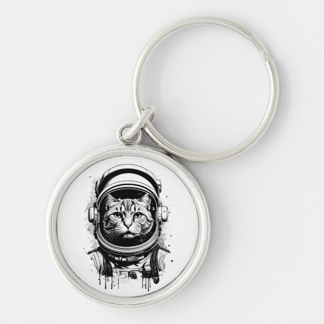 Schwarze und weiße Astronautenkatze Schlüsselanhänger (Vorne)