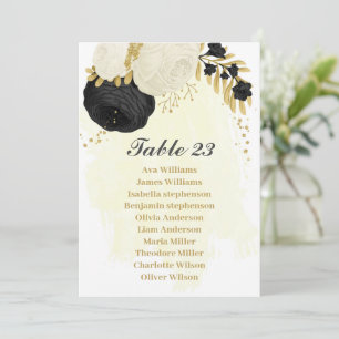 schwarze und weiße Blumen goldene Sitzordnungskart Einladung
