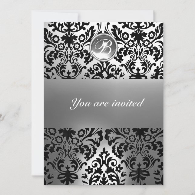 SCHWARZE UND WEISSE DAMASK GEM STEINMONOGRAMM EINLADUNG (Vorderseite)