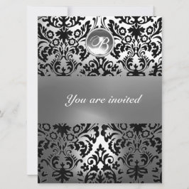 SCHWARZE UND WEISSE DAMASK GEM STEINMONOGRAMM EINLADUNG
