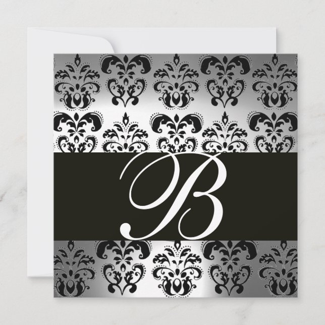 SCHWARZE UND WEISSE DAMASK-MONOGRAMM Silbermondste Einladung (Vorderseite)