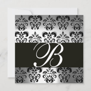 SCHWARZE UND WEISSE DAMASK-MONOGRAMM Silbermondste Einladung