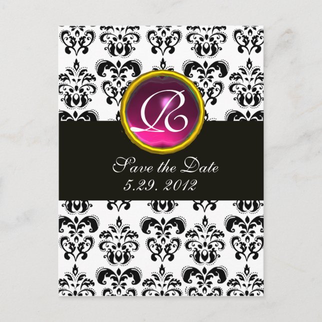 SCHWARZE UND WEISSE DAMASK Pink-Amethyst-Monogramm Ankündigungspostkarte (Vorderseite)